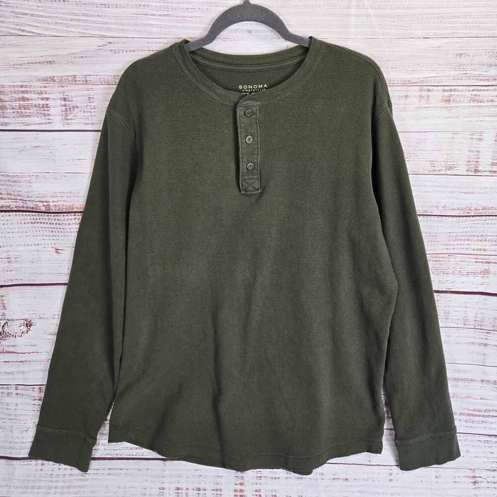 Sonoma Men's Thermal Henley 2XL Olive Green Waffle Knit 3 Button Look and Bundle